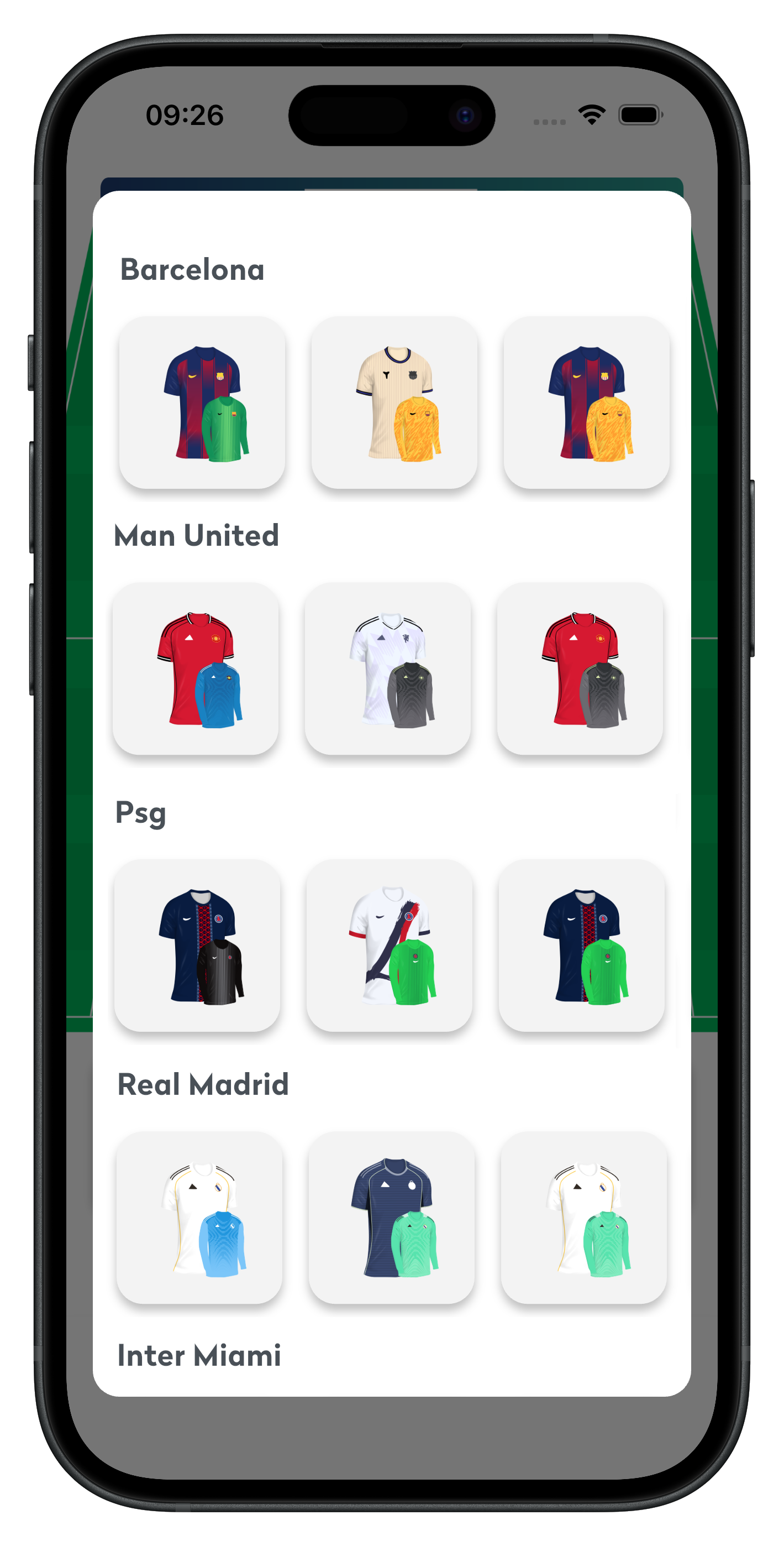 Real club kit picker in the My Lineup app with Barcelona, Man United, PSG and Real Madrid kits
