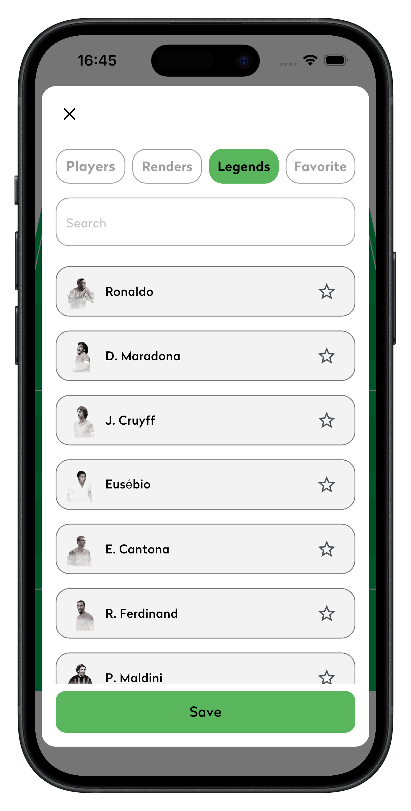 Legends tab in the My Lineup app showing Ronaldo, Maradona, Cruyff, Eusébio, Cantona and Maldini