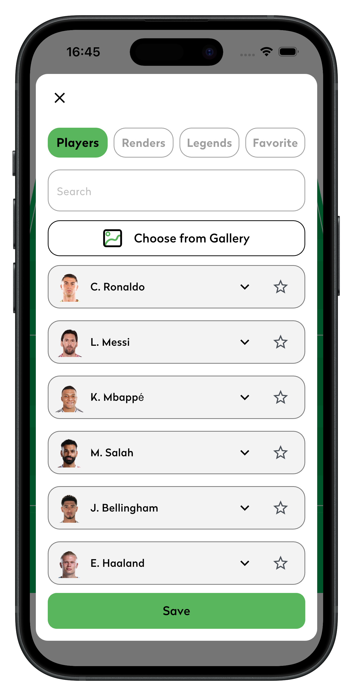 Player picker with over 20,000 real footballers including Ronaldo, Messi, Mbappé and Salah