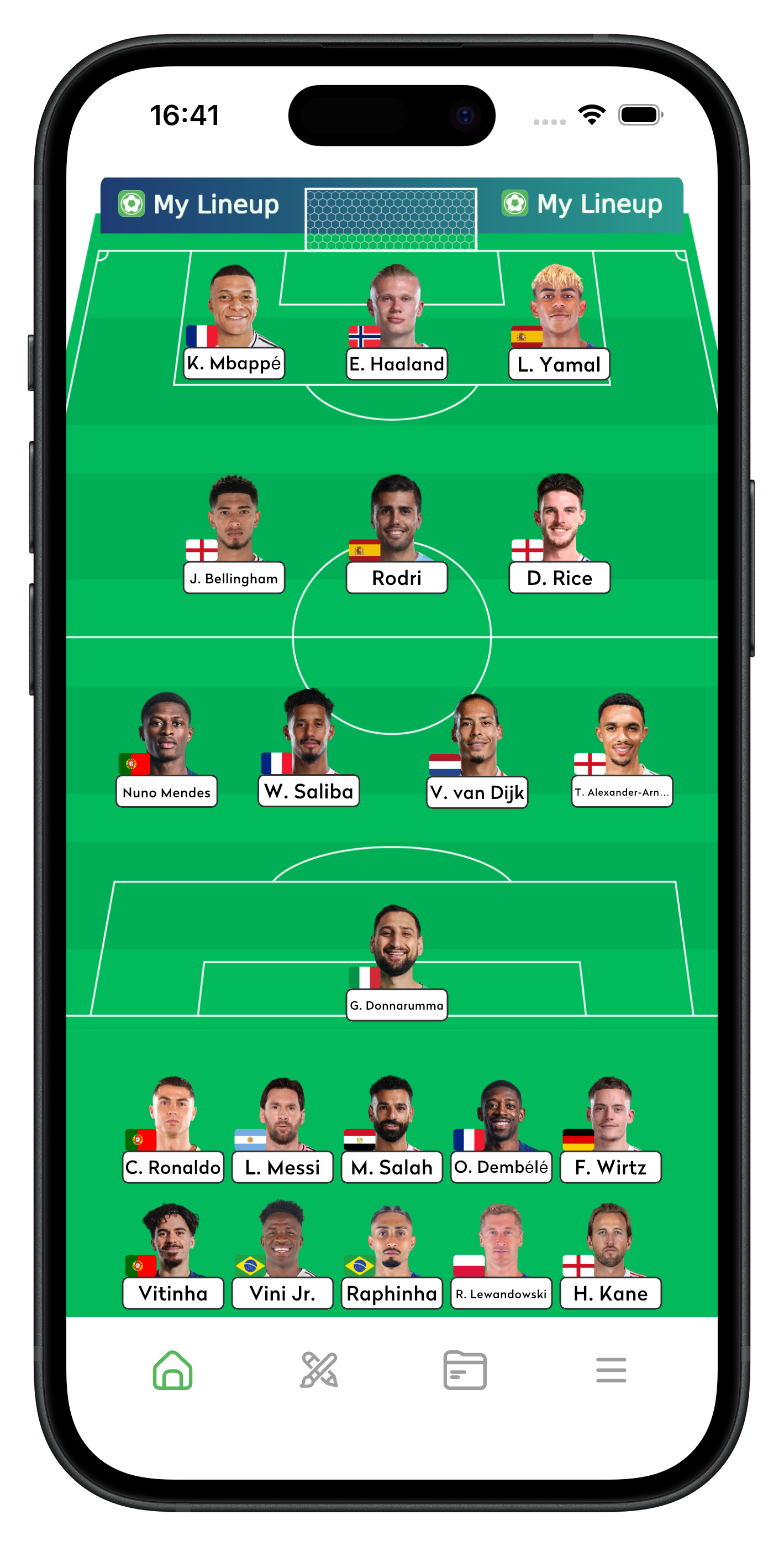 Football lineup builder showing a 4-3-3 starting XI with real players like Mbappé and Haaland on the pitch
